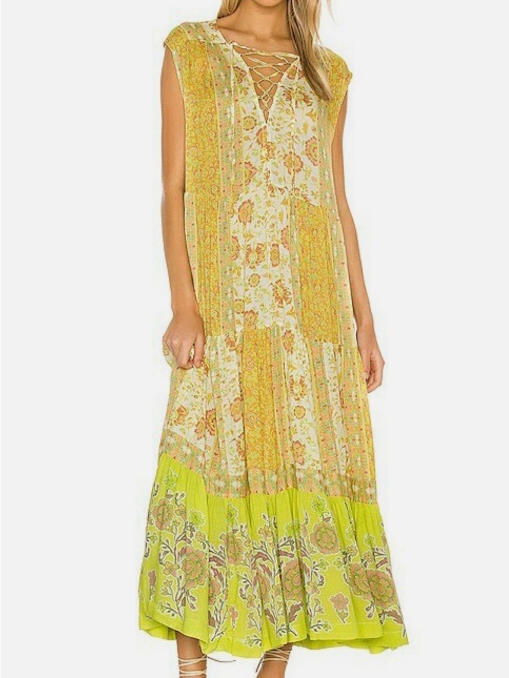 Free People Hanalei Bay Floral Maxi Dress in Yellow and Lime XS